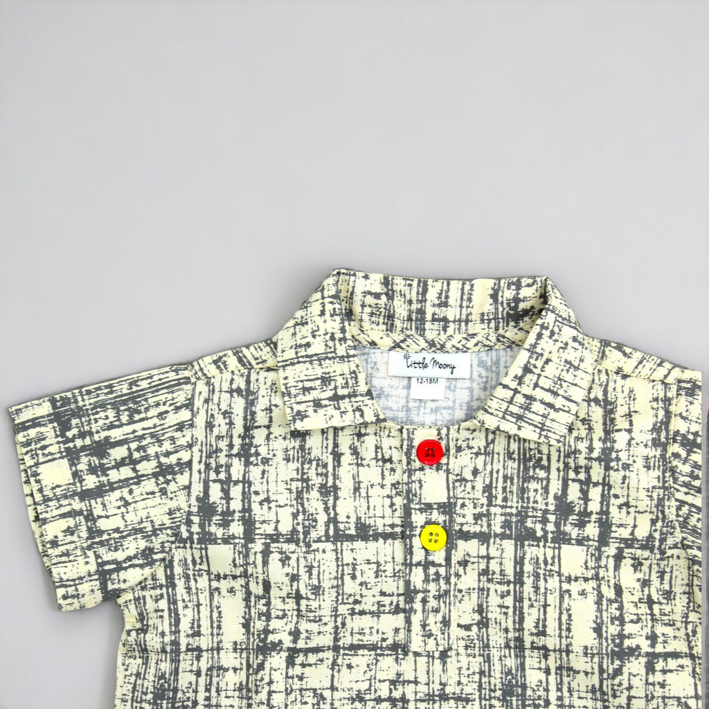 New Arrival: Beige Crosshatch Cotton Polo-Style Shirt for Babies and Kids. Detail view of buttons,.