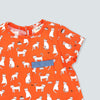 Made-to-Order: Orange Red Cotton Trapeze Dress in Cat Print. Detail view.