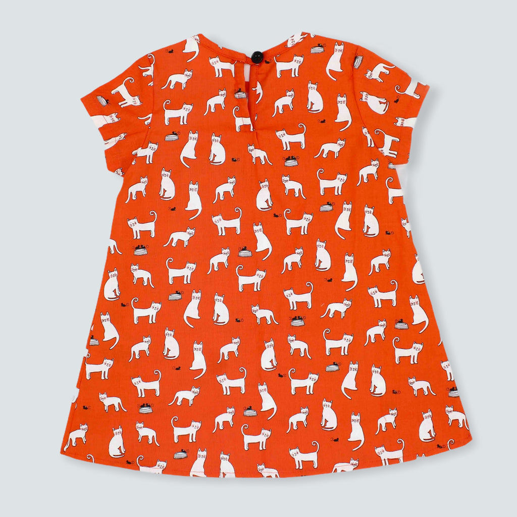 Made-to-Order: Orange Red Cotton Trapeze Dress in Cat Print. Back view.