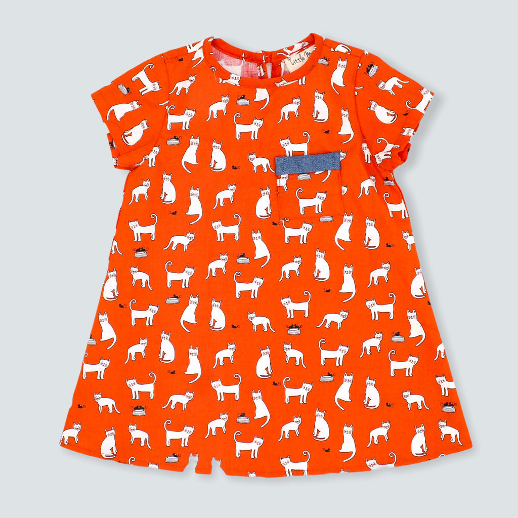 Made-to-Order: Orange Red Cotton Trapeze Dress in Cat Print